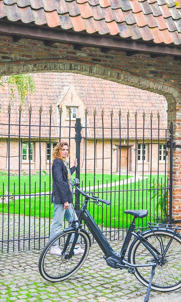 iSwan e-bike in front of a gate